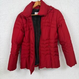 Calvin Klein Red Quilted Puffer Coat Insulated‎ Hooded Down Winter Womens M